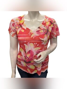 JM Collection Coral Pink Floral V-Neck Short Sleeve Top Size XL